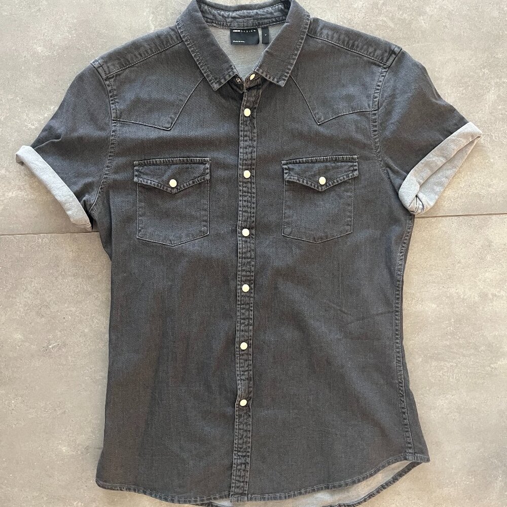 ASOS Mens LARGE Short Sleeve Slim Fit Western Washed Black Denim Shirt